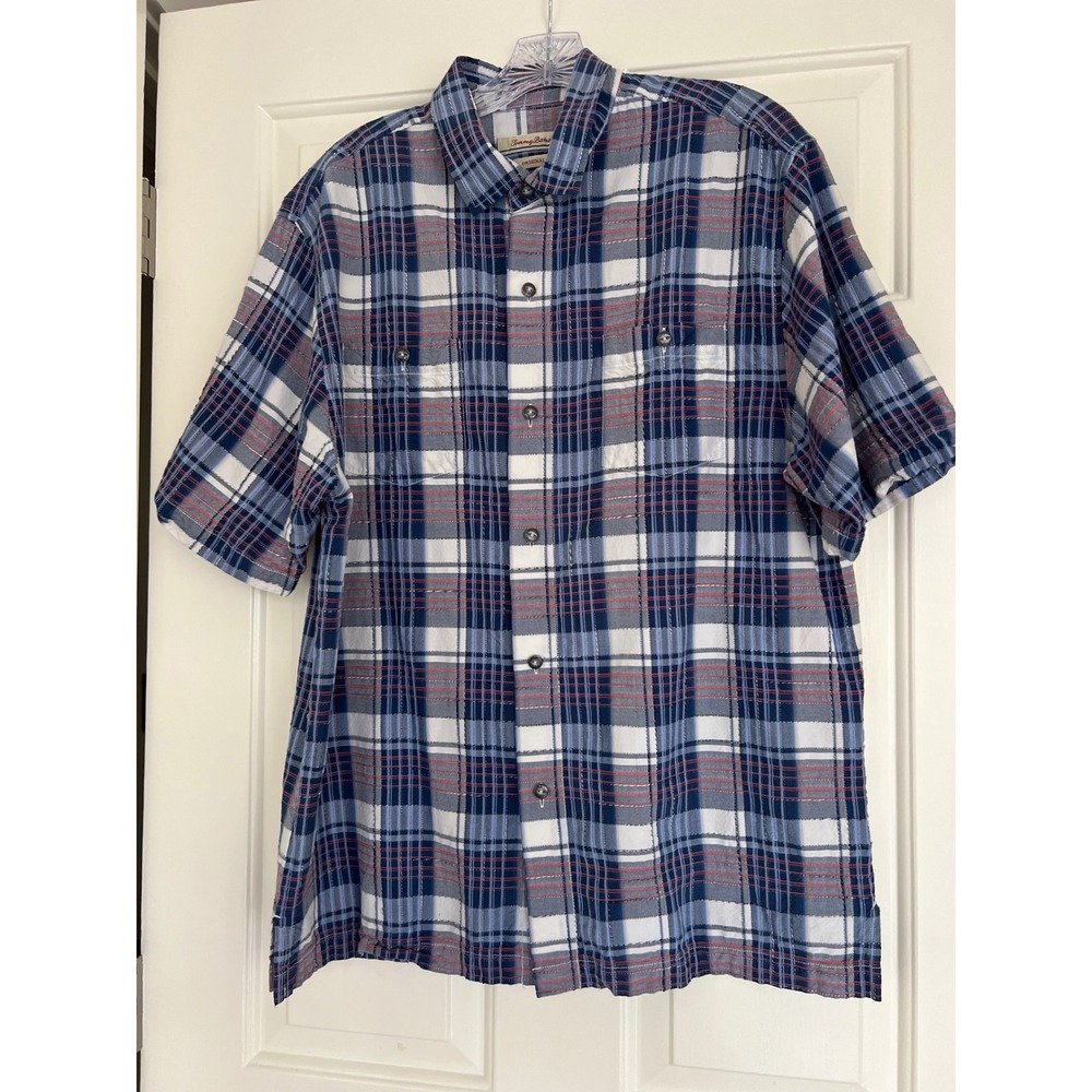 Tommy Bahama Mens Silk Cotton Plaid Short Sleeve Button Down Shirt Blue‎ Large